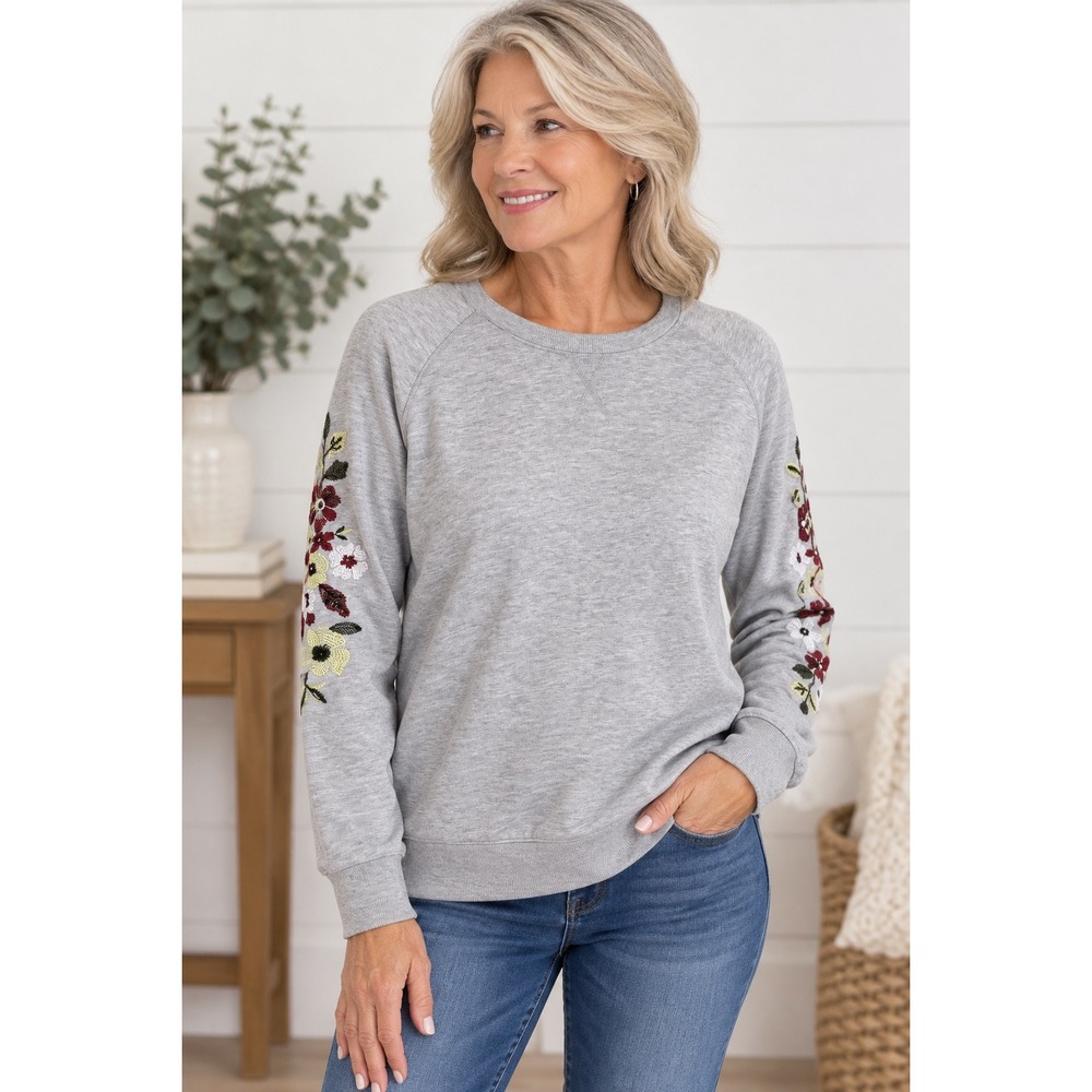 Country Store XL Gray Floral Embroidered Sleeve Crewneck Sweatshirt Boho Casual